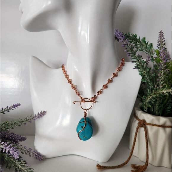 Copper Wire Wrapped Turquoise Wagnerite Nugget Pendant Necklace - Picture 4 of 7